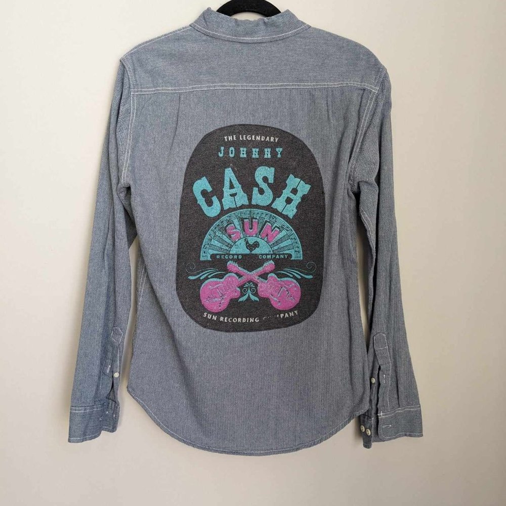 Johnny Cash Country Music Band Custom Blue Flannel Button Down Shirt Sz S